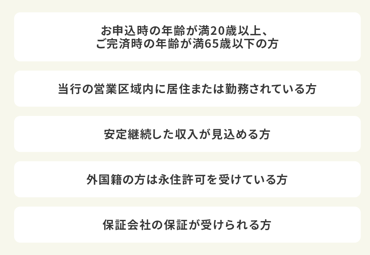 お申込時の年齢が満２０歳以上、ご完済時の年齢が満６５歳以下の方。当行の営業区域内に居住または勤務されている方。安定継続した収入が見込める方。外国籍の方は永住許可を受けている方。保証会社の保証が受けられる方。