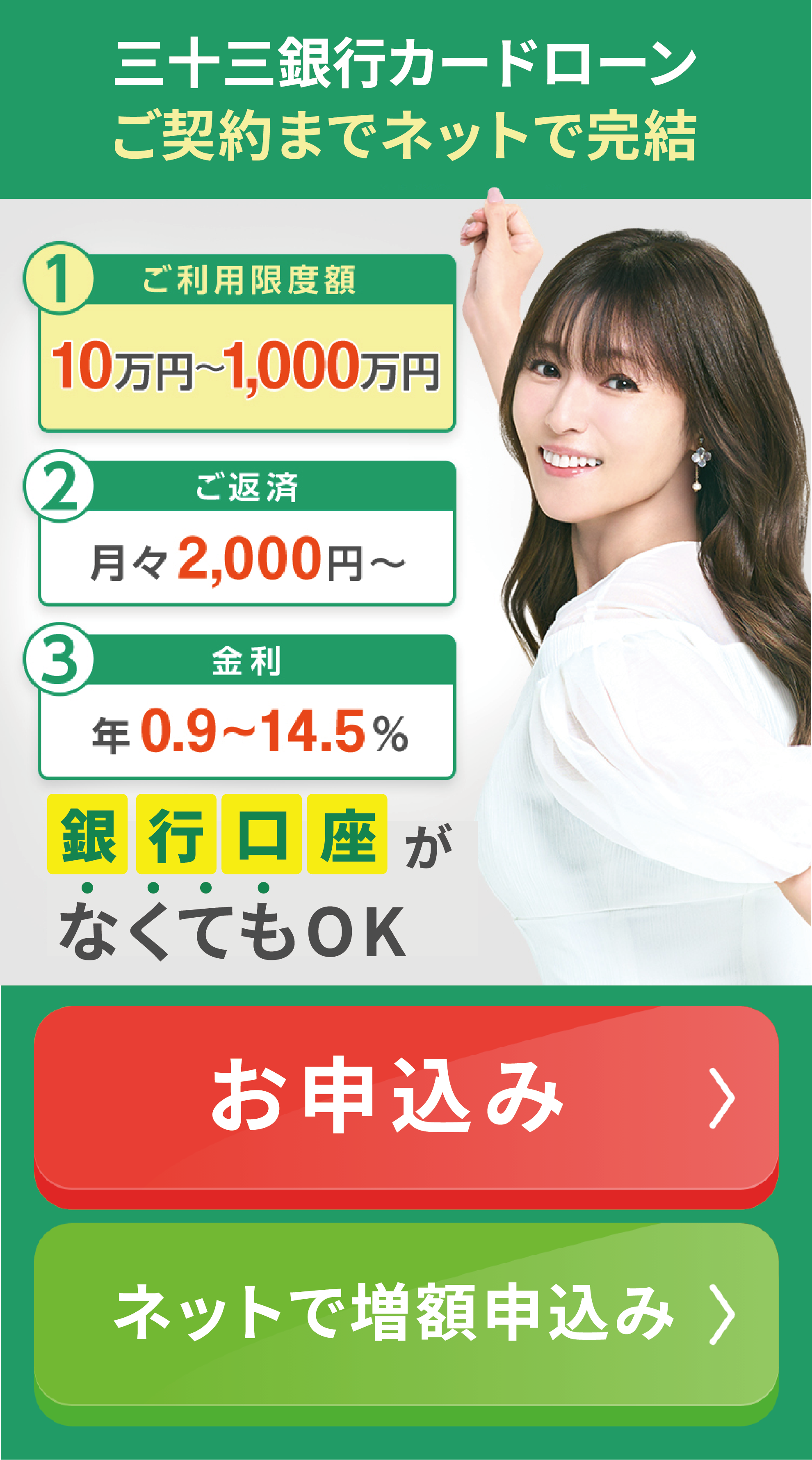 ご契約までネットで完結。ご利用限度額10万円から1,000万円。月々のご返済2,000円から。金利年0.9％から14.5％。銀行口座がなくてもOK。